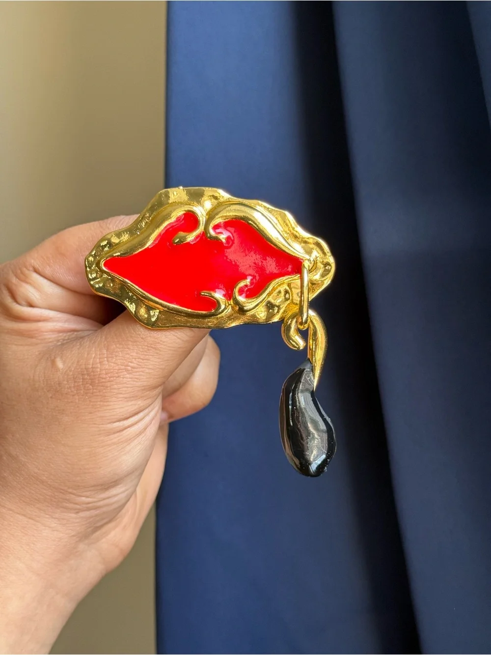 Schiaparelli Inspired Gold-Tone Red Lip & Black Teardrop Statement Brooch